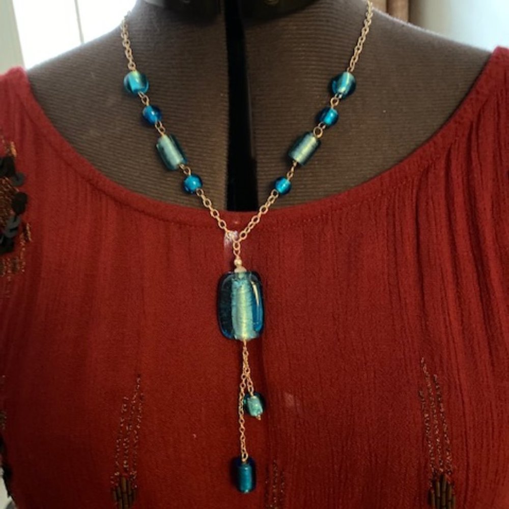 Ice blue glass foil necklace vintage 18" chain